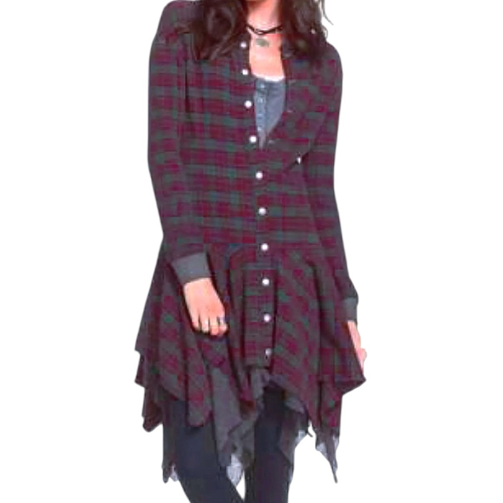 $198 Free People Ragged Hem Jacket XSmall Brick Gray Textured Plaid Dress NWT